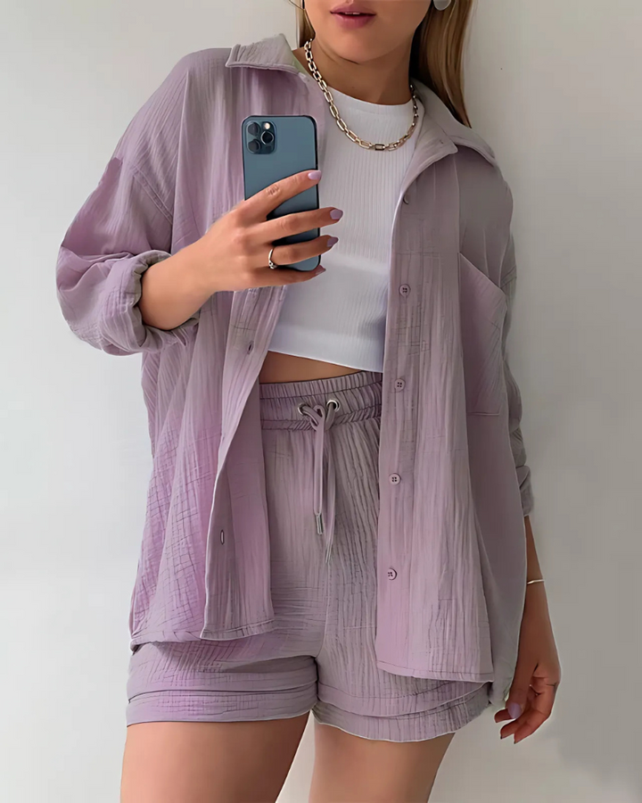 Maylee - Cotton Button-Up Shorts Set