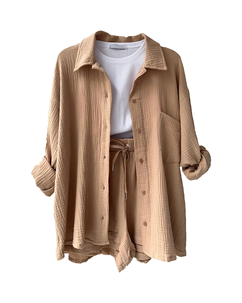 Maylee - Cotton Button-Up Shorts Set
