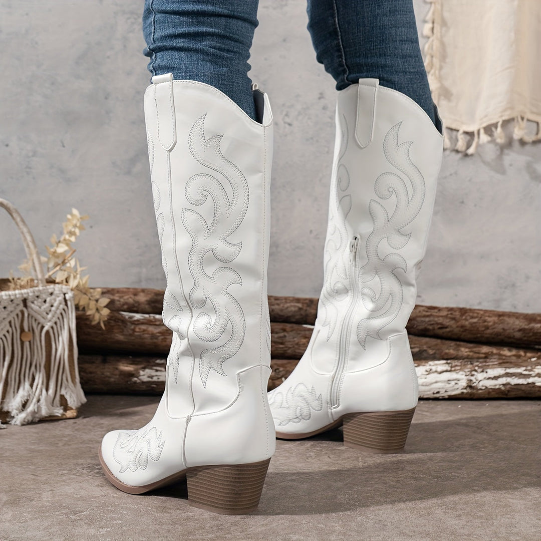 Havi | Embroidered Knee High Western Boots with Side Zip and Block Heel