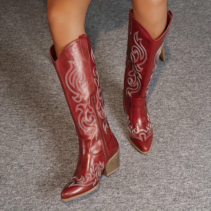 Havi | Embroidered Knee High Western Boots with Side Zip and Block Heel