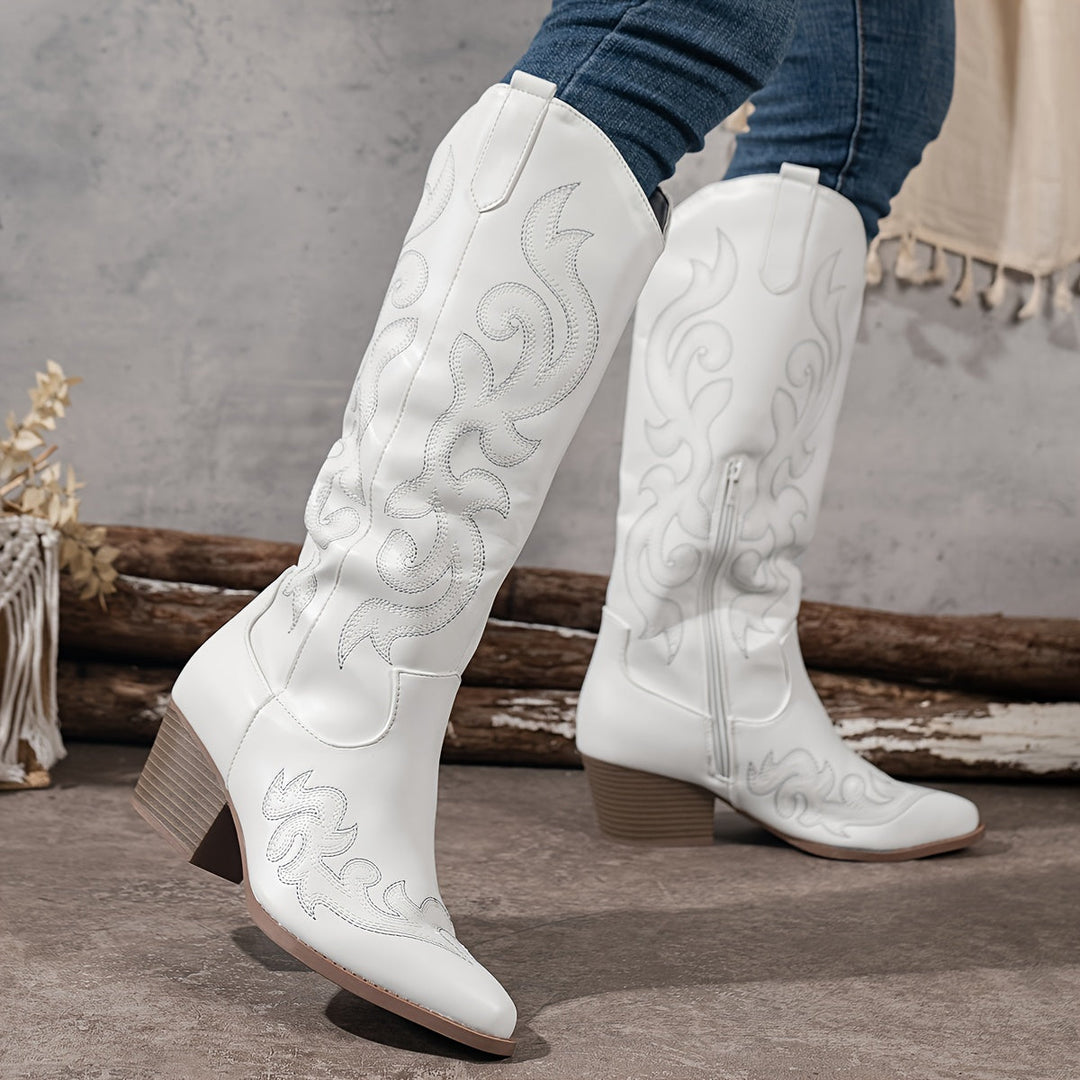 Havi | Embroidered Knee High Western Boots with Side Zip and Block Heel