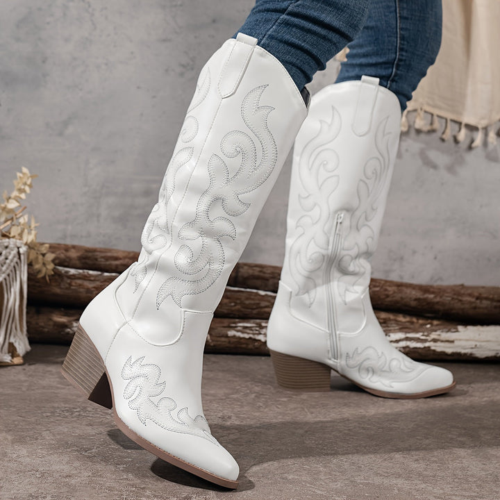 Havi | Embroidered Knee High Western Boots with Side Zip and Block Heel