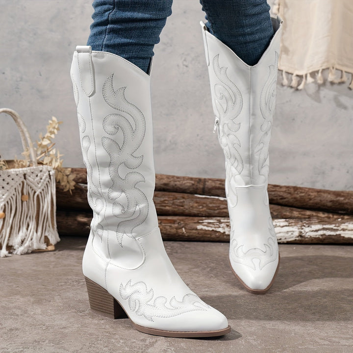 Havi | Embroidered Knee High Western Boots with Side Zip and Block Heel