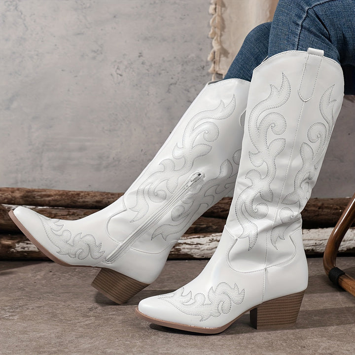 Havi | Embroidered Knee High Western Boots with Side Zip and Block Heel