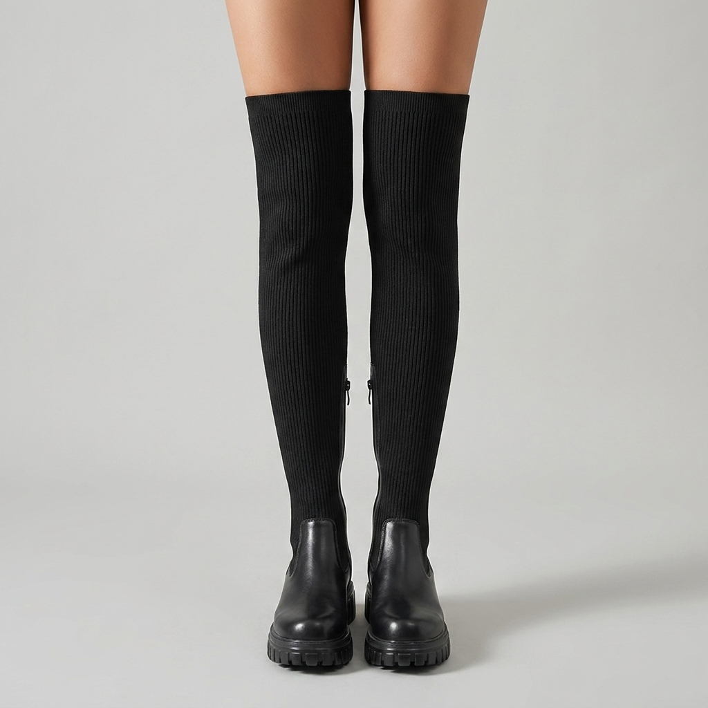 Evelyn Knee High Boots | Vegan Leather, Ribbed Design