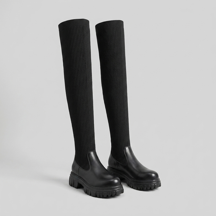 Evelyn Knee High Boots | Vegan Leather, Ribbed Design